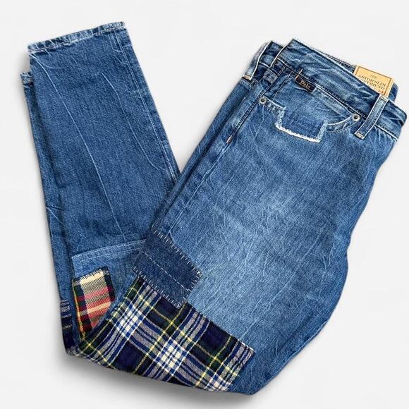 NWT Polo Ralph Lauren Astor Slim Boyfriend Plaid Patchwork Mid-Rise Jeans 14 - Picture 1 of 7